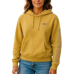 Obey Hoodie Light Faded Yellow Size Large Front Pocket Streetwear Cotton Blend